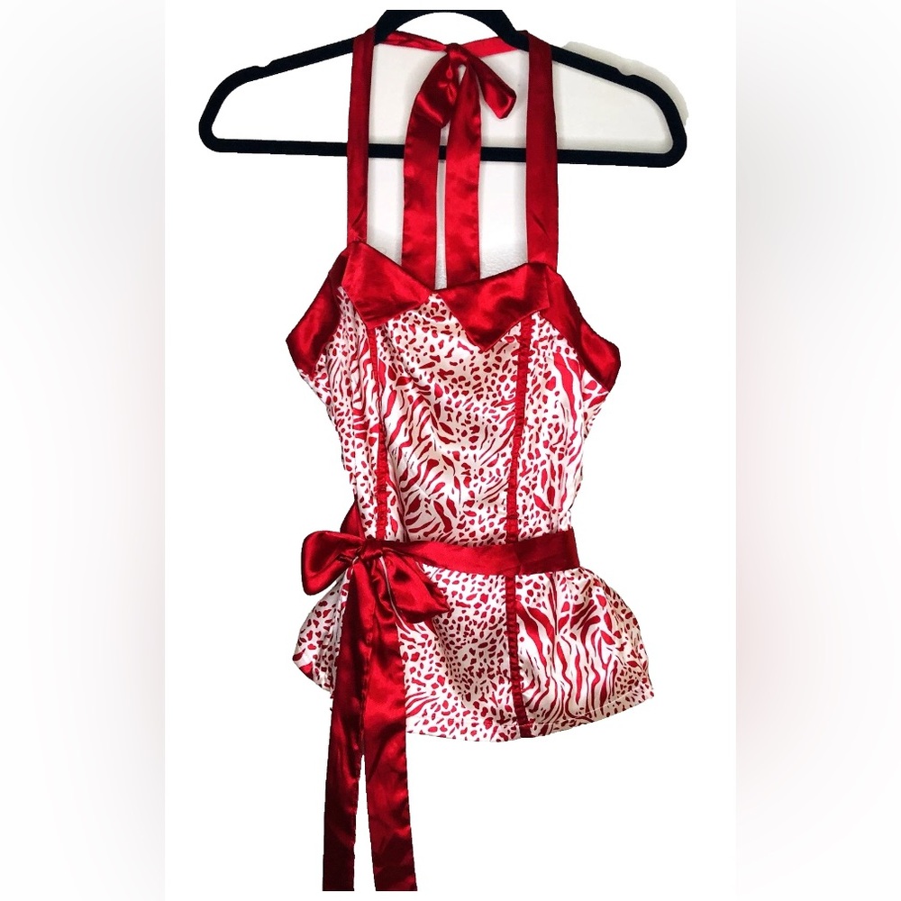 Soulmates Red and White Satin Animal Print Halter Camisole